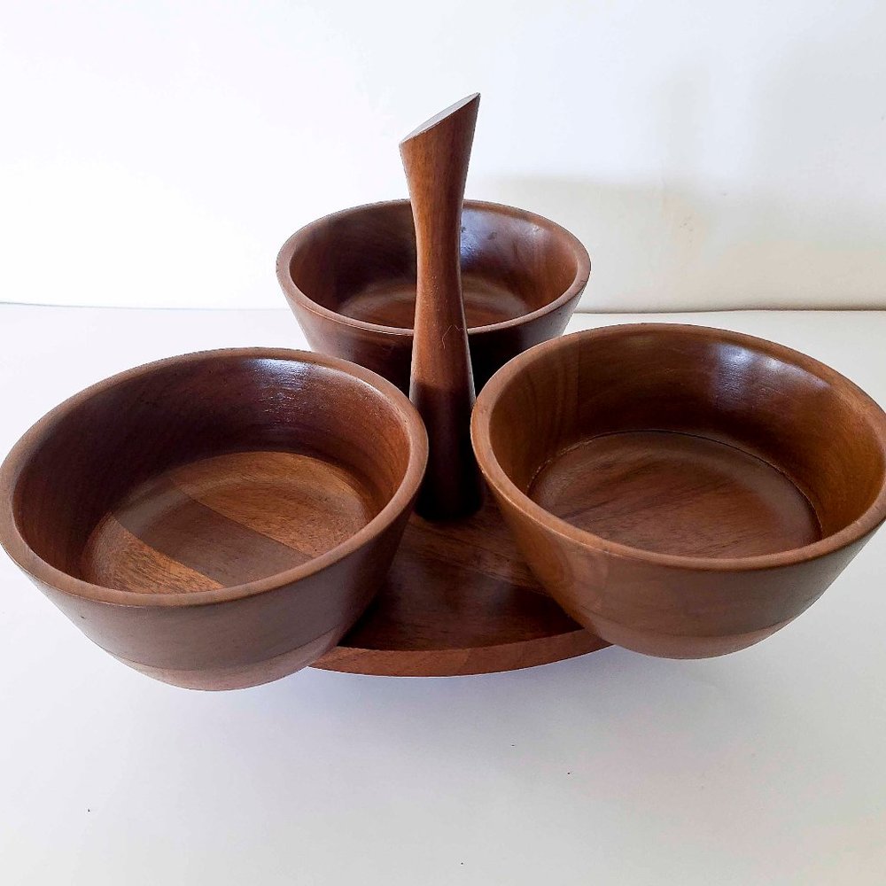 MCM 3 Bowl Black Walnut Spinning Condiment Tray